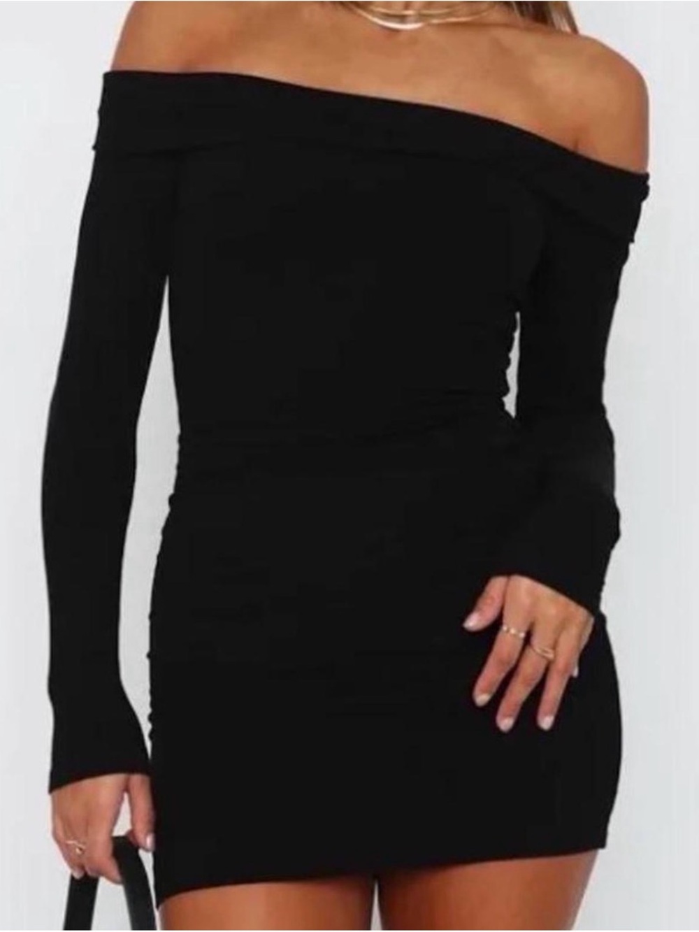 White Fox Boutique Black Off-Shoulder Long Sleeve Mini Dress